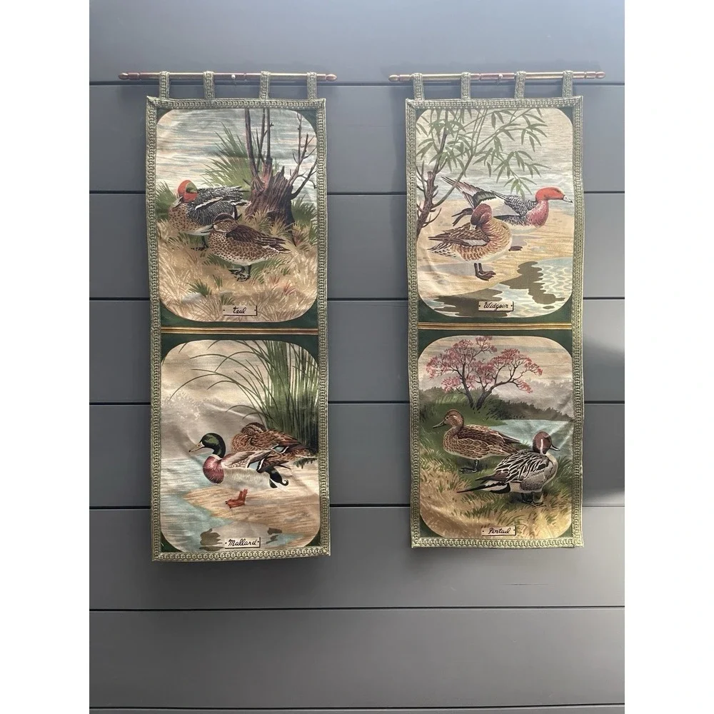 Vintage Riverdale Mallard Duck Tapestry Wall Hanging panels Pair 1970's Custom